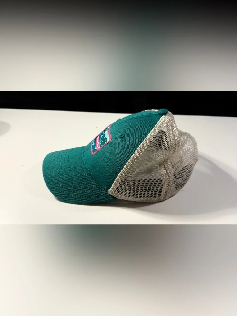 The North Face Teal & White Trucker Hat, Mountain Patch